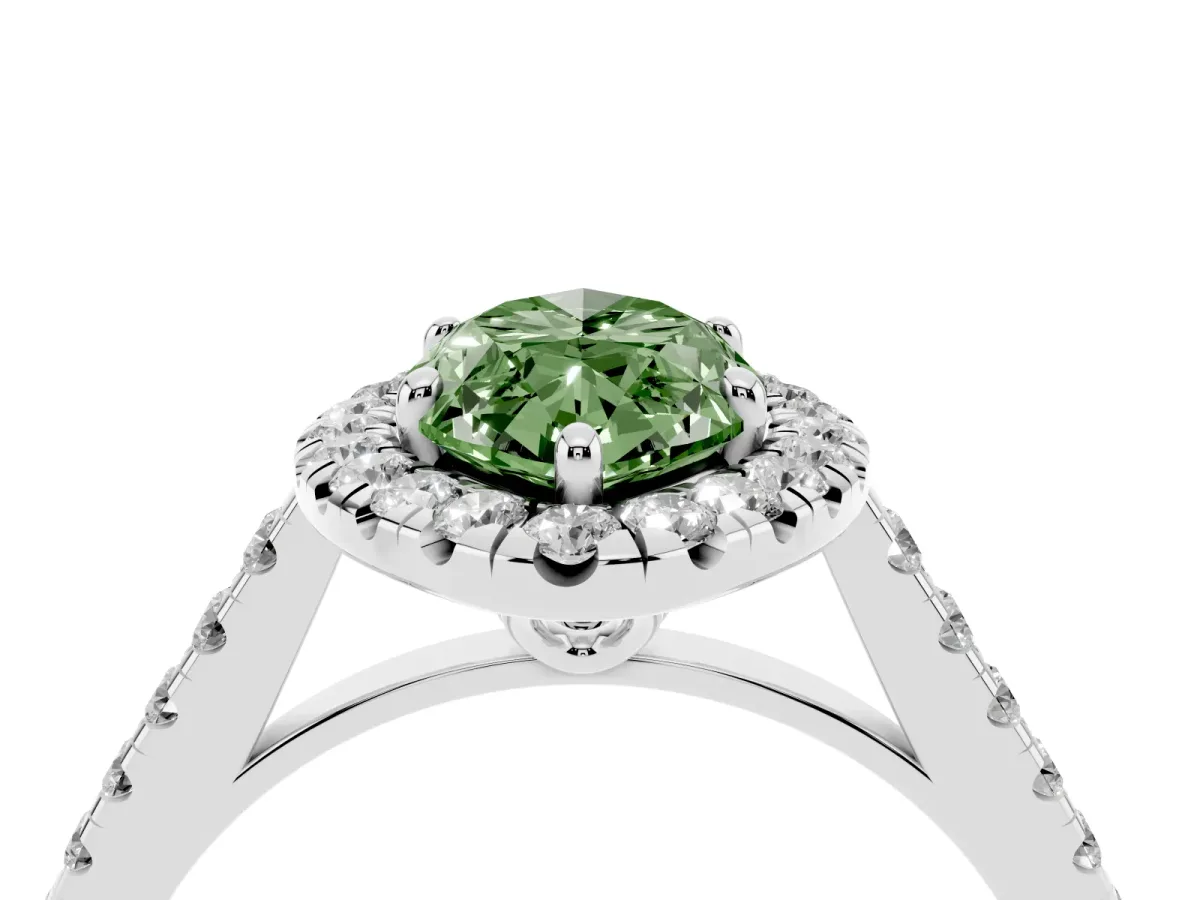 Fancy Green Marquise Cut Halo Pavé Diamond Engagement Ring with Four-Prong Setting Silver