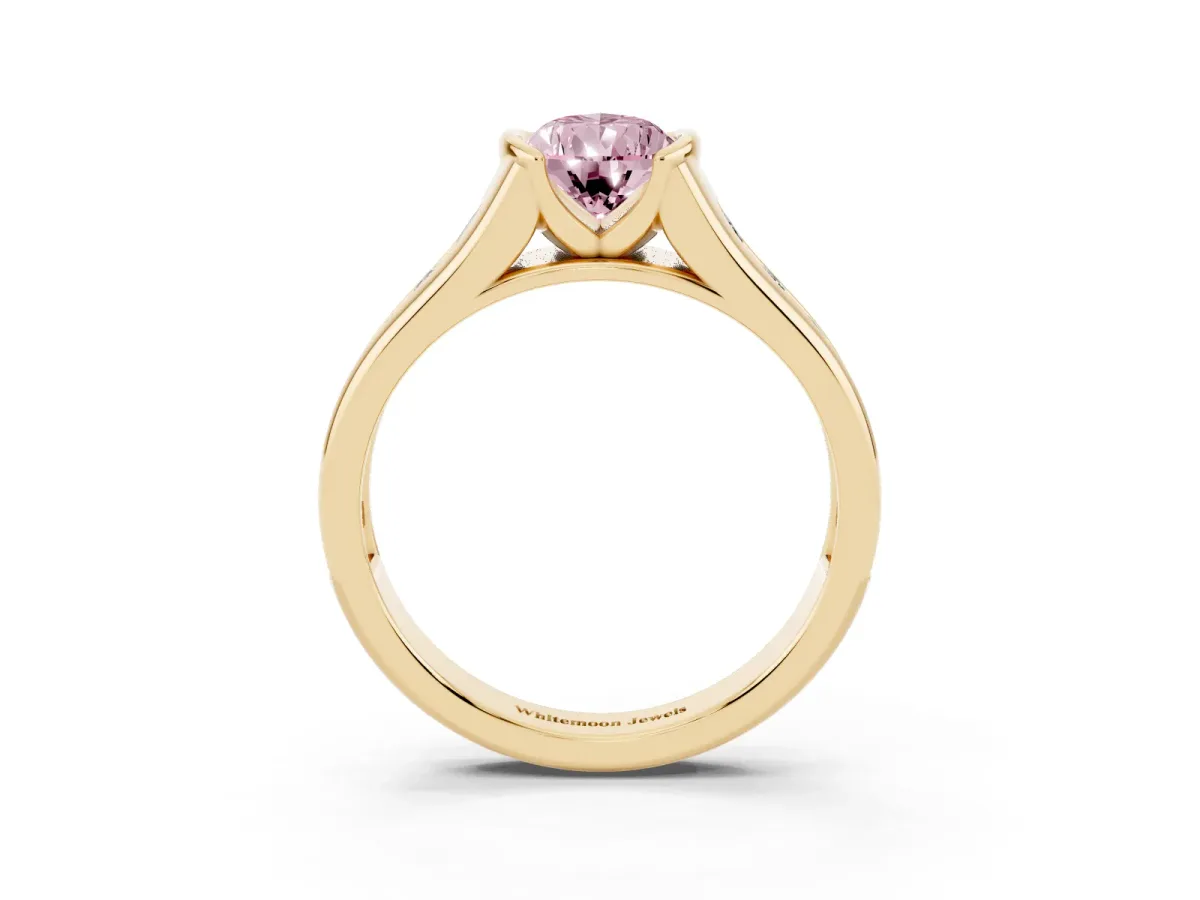 Fancy Pink Pear Cut Solitaire Bezel-Set Diamond Ring with Channel-Set Band Yellow gold