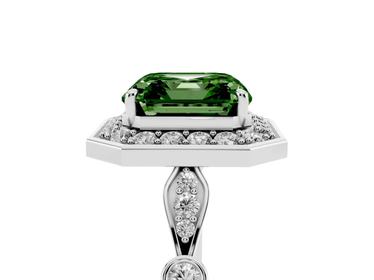 Fancy Green Asscher Cut Halo Diamond Engagement Ring with Twisted Band and Four-Prong Setting White gold