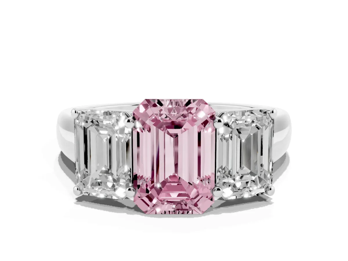 Fancy Pink Emerald Cut Three-Stone Diamond Ring with Prong Setting on a Classic Band Silver