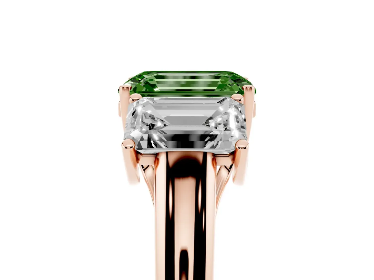 Fancy Green Three-Stone Emerald Cut Diamond Engagement Ring with Prong Setting Rose gold