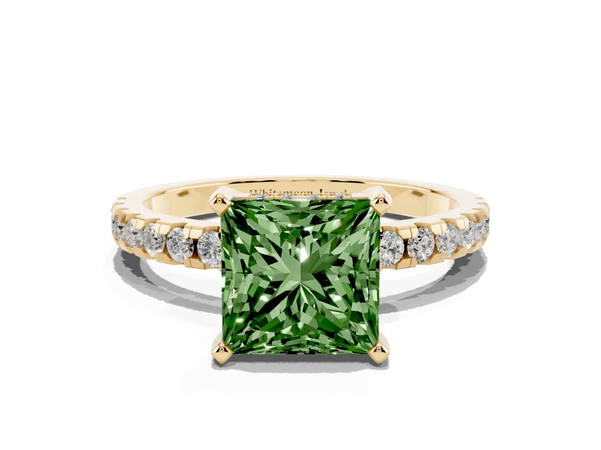 Fancy Green Princess Cut Diamond Solitaire Ring with Round Pavé Band and Four-Prong Setting Yellow gold
