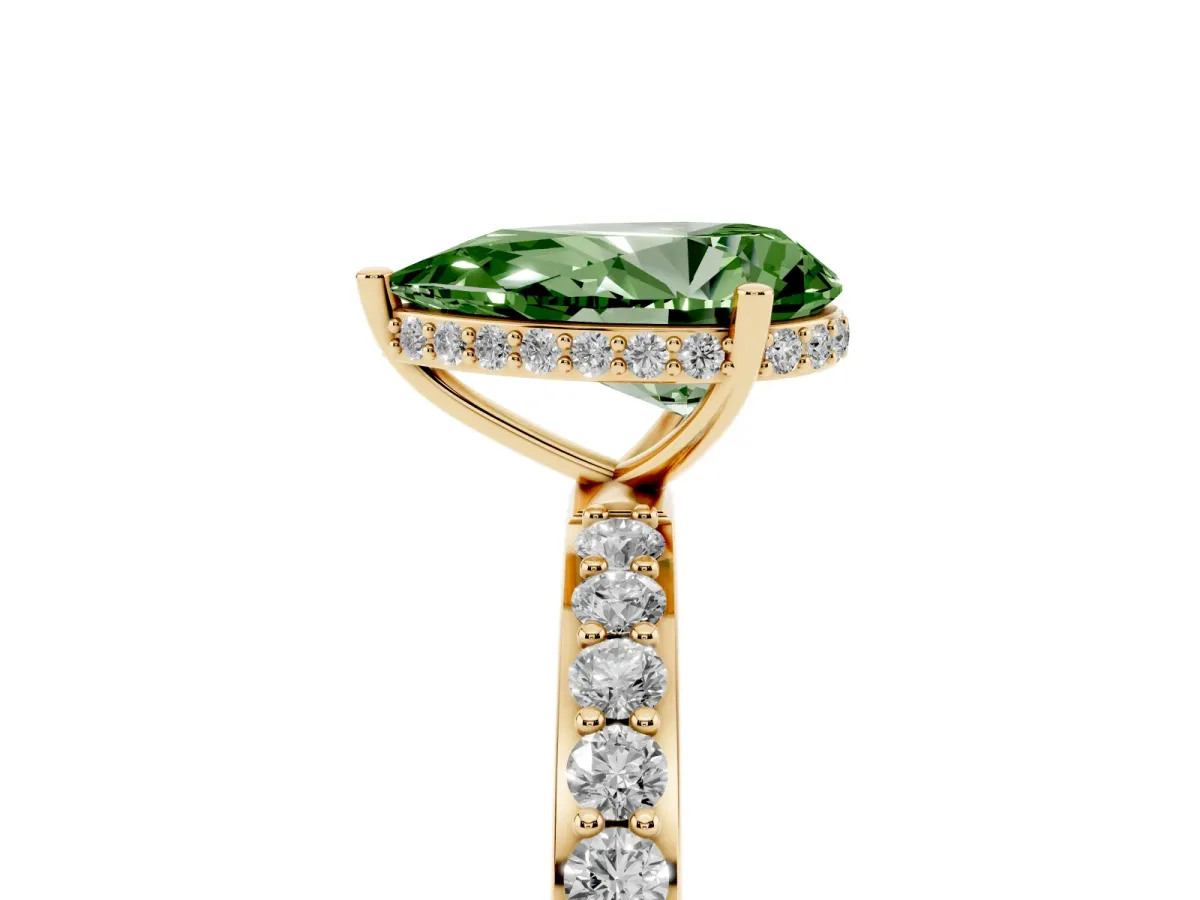 Fancy Green Pear Cut Diamond Solitaire Ring with Pavé Band and Hidden Halo Yellow gold
