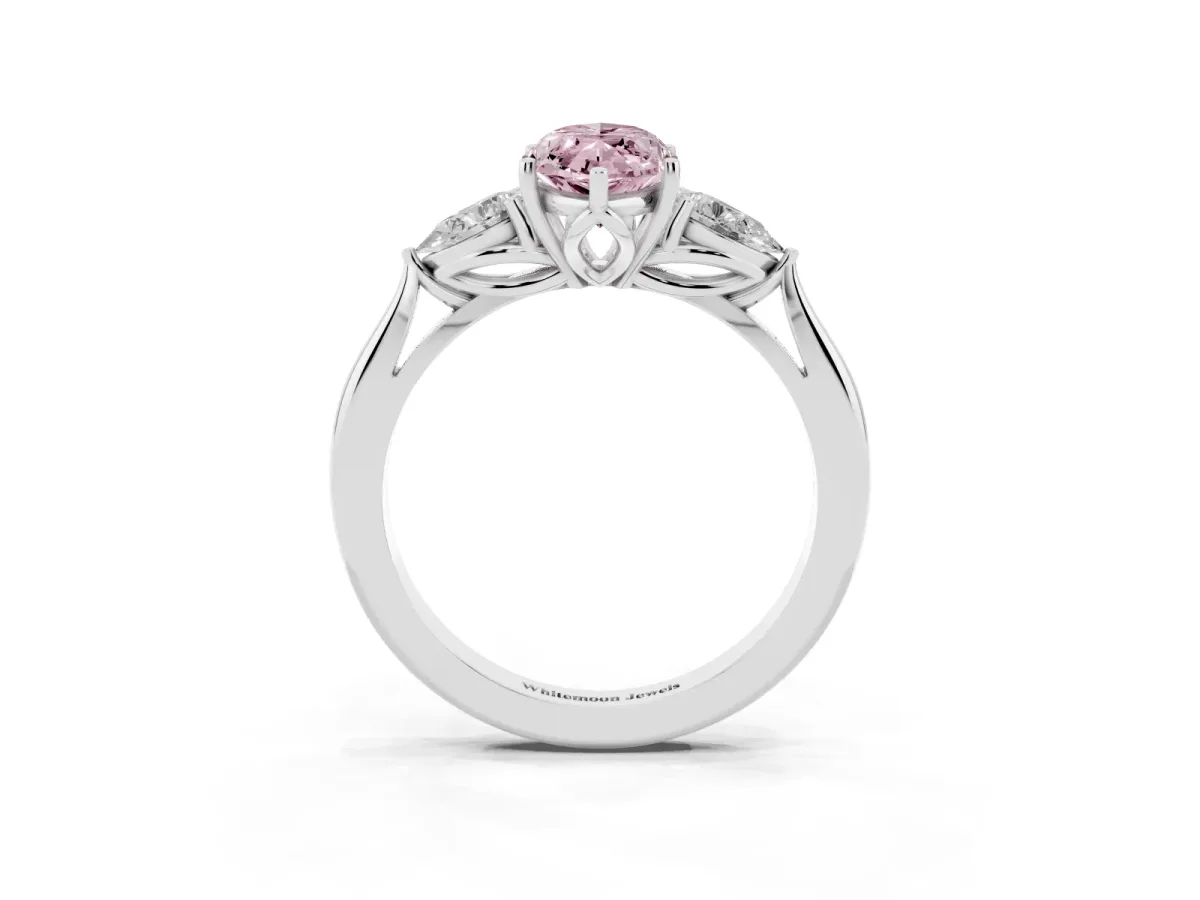 Fancy Pink Marquise Cut Diamond Three-Stone Ring with Pear Side Stones and Prong Setting Silver
