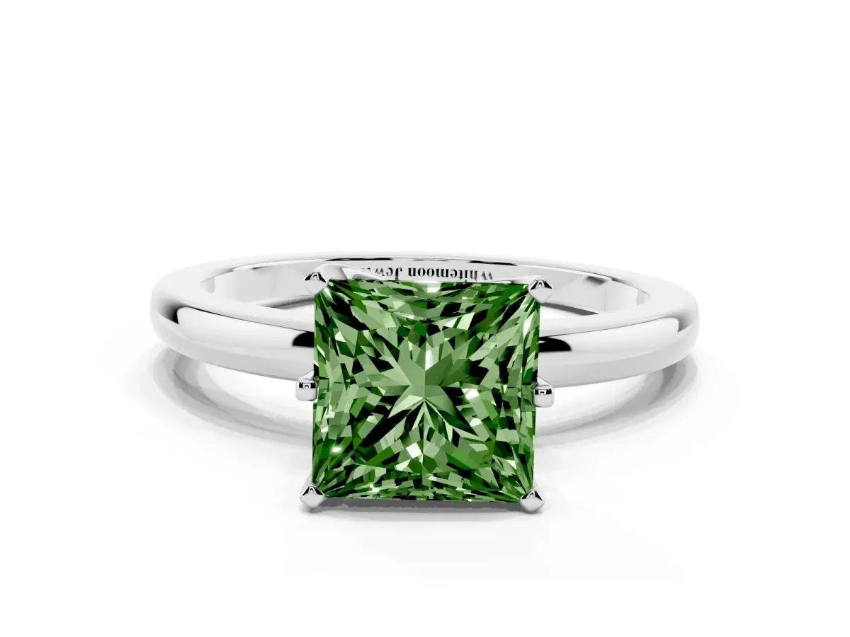 Fancy Green Princess Cut Solitaire Diamond Ring with Six-Prong Setting on a Classic Band Silver