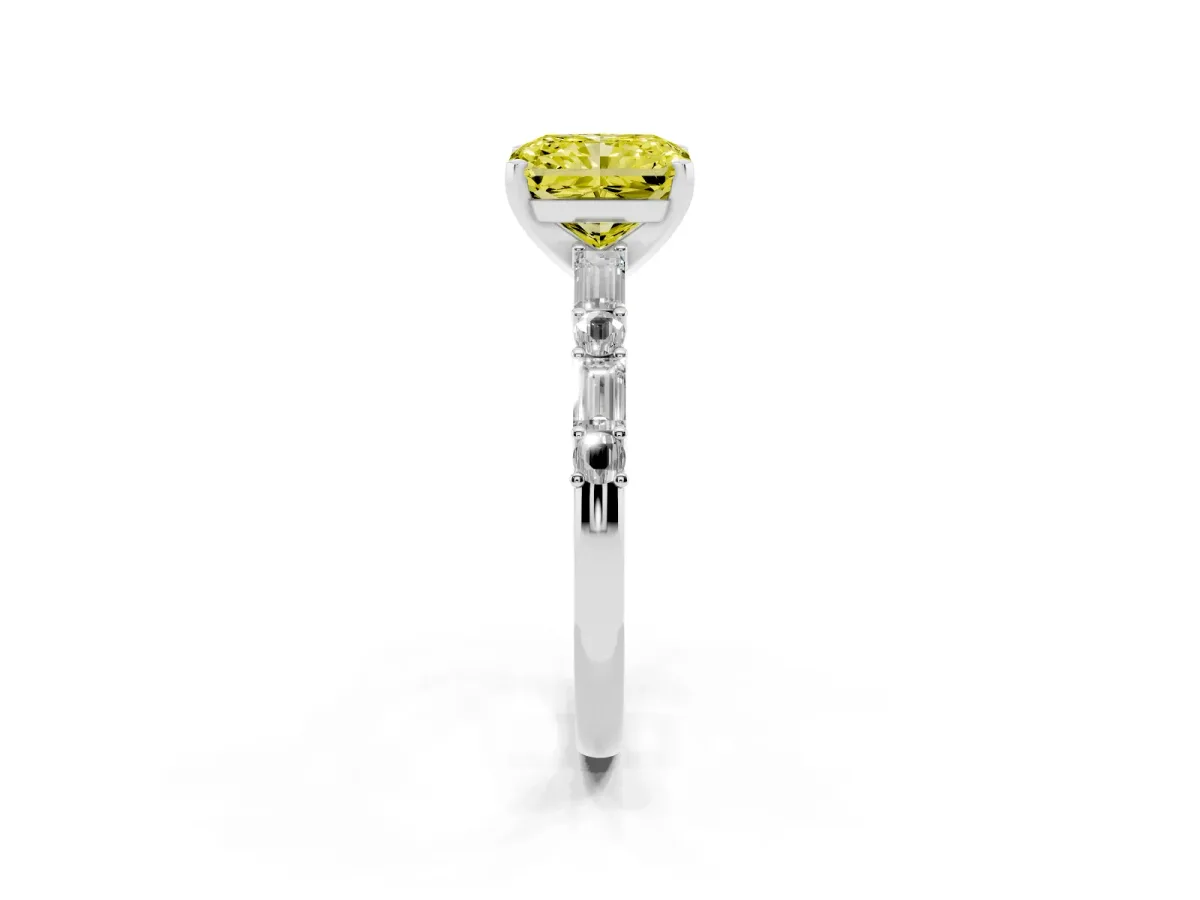 Fancy Yellow Radiant Cut Diamond Solitaire with Side Baguettes and Channel Set Band Platinum