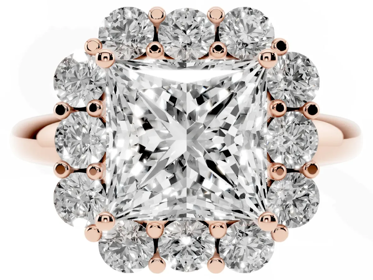 Princess Cut Halo Milgrain Solitaire with Bezel Set Side Stones and Pave Band Rose gold