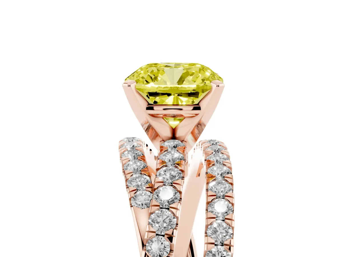 Fancy Yellow Cushion Cut Solitaire Twist Band with Pavé Setting and Four-Prong Setting Rose gold