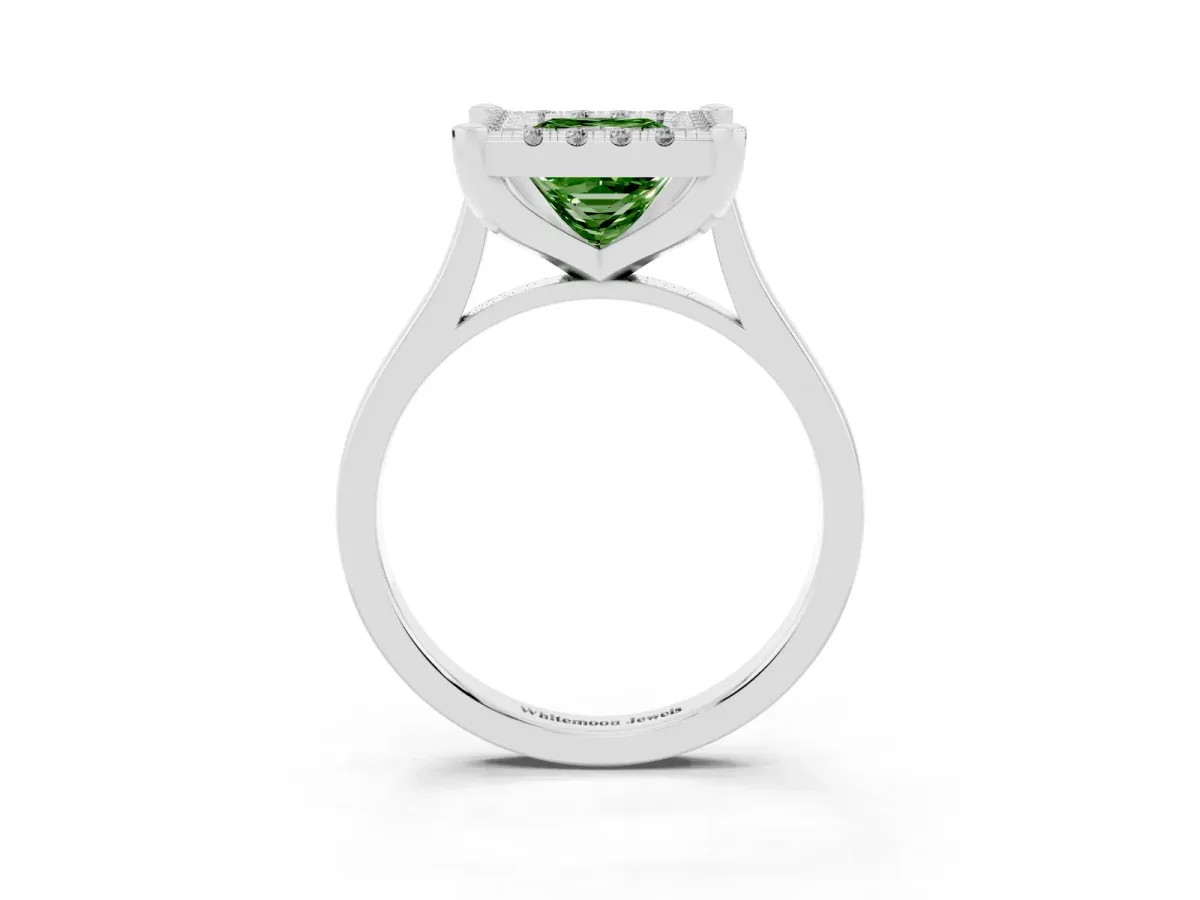 Fancy Green Princess Cut Diamond Cluster Halo Solitaire with Four-Prong Setting Silver