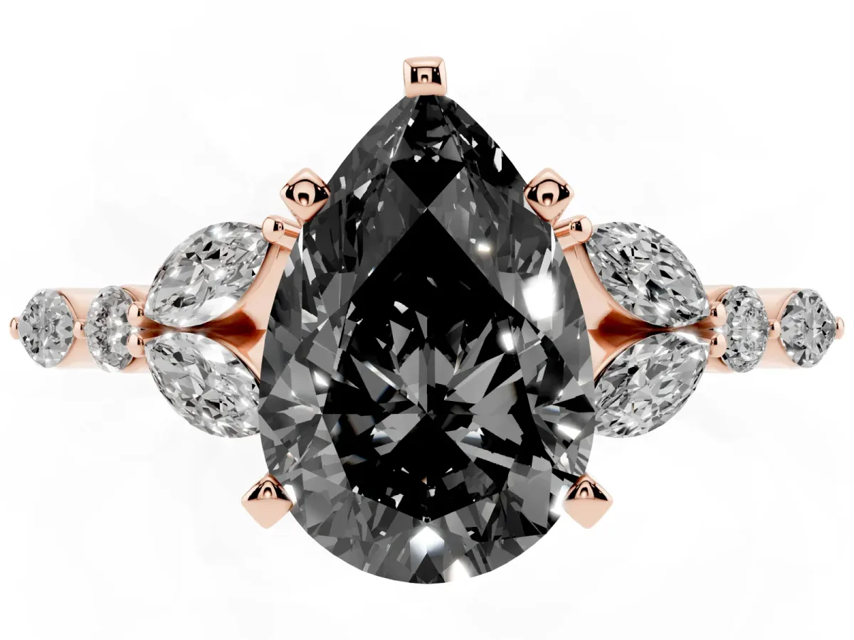Fancy Black Pear Cut Diamond Solitaire Ring with Side Stones and Four-Prong Setting Rose gold
