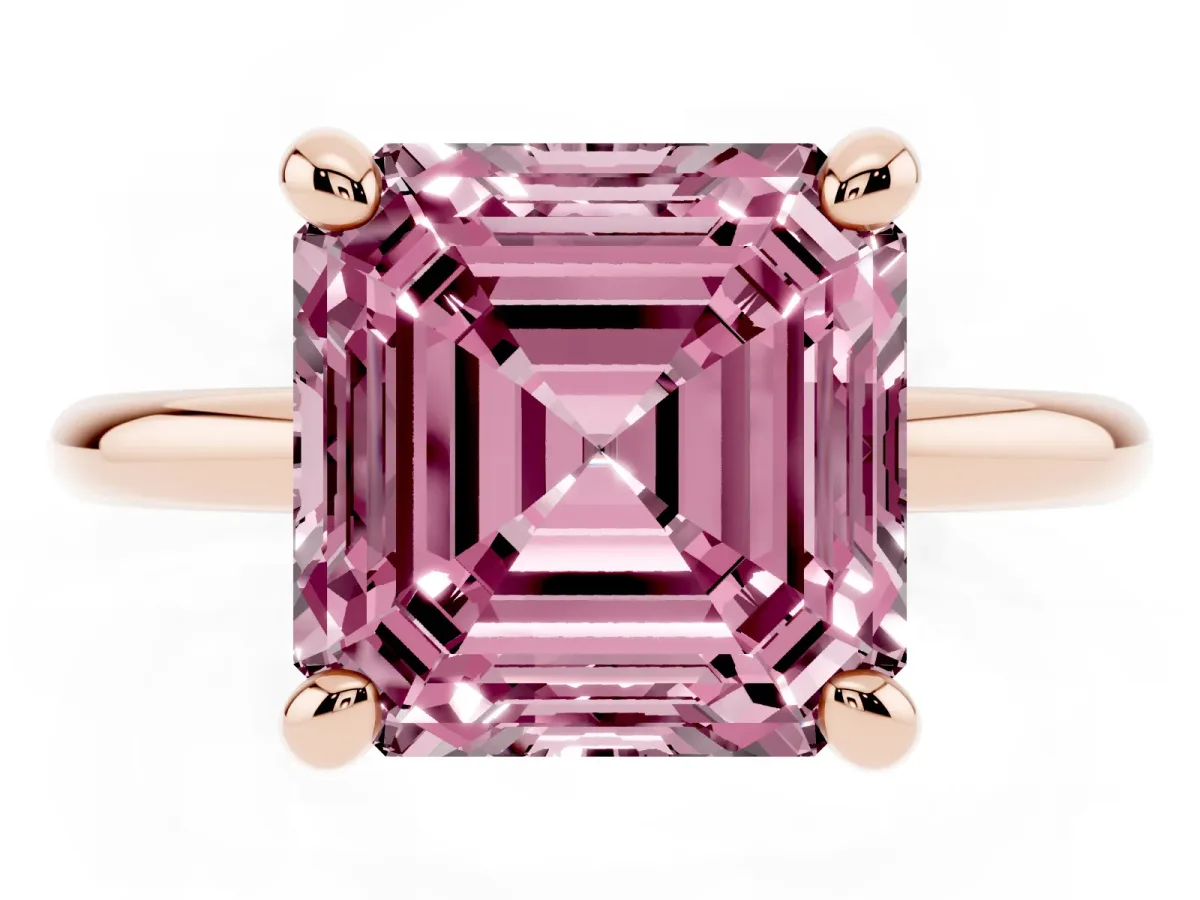 Fancy Pink Asscher Cut Solitaire Diamond Ring with Four-Prong Setting on a Plain Band Rose gold