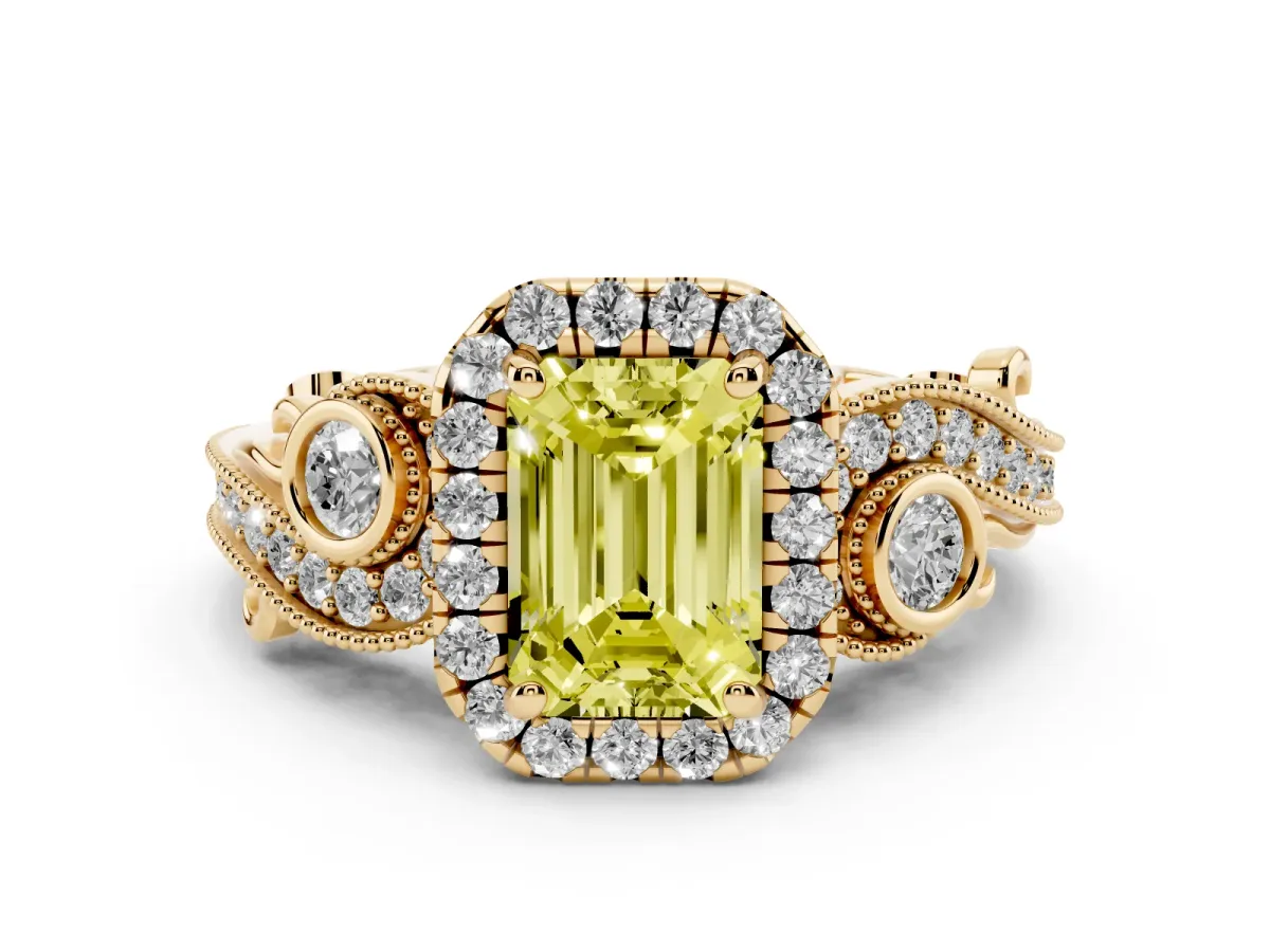 Fancy Yellow Emerald Cut Halo Diamond Ring with Milgrain and Bezel Accents on a Split Shank Band Yellow gold