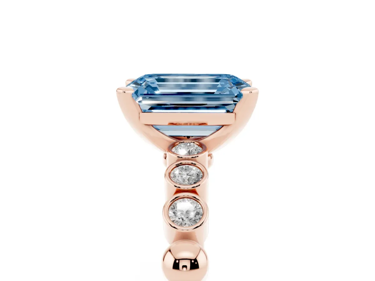 Fancy Blue Emerald Cut Solitaire Bezel Accent Diamond Engagement Ring with Beaded Band and Four-Prong Setting Rose gold