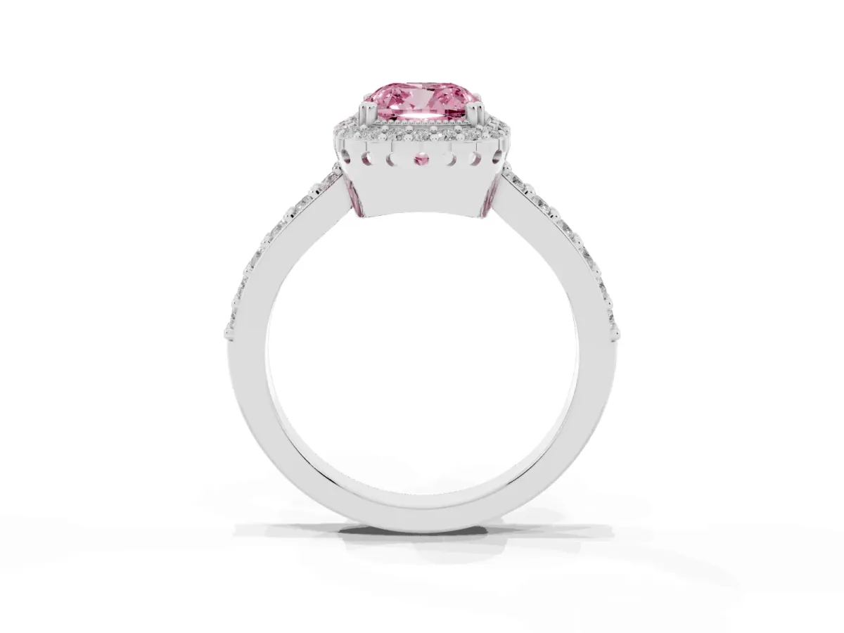 Fancy Pink Cushion Cut Cut Diamond Halo Engagement Ring with Milgrain Detail and Pavé Band Platinum