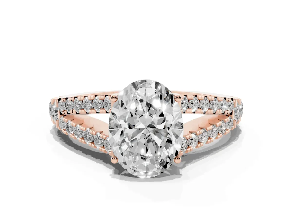 Oval Cut Diamond Split Shank Pavé Engagement Ring with Four-Prong Setting Rose gold