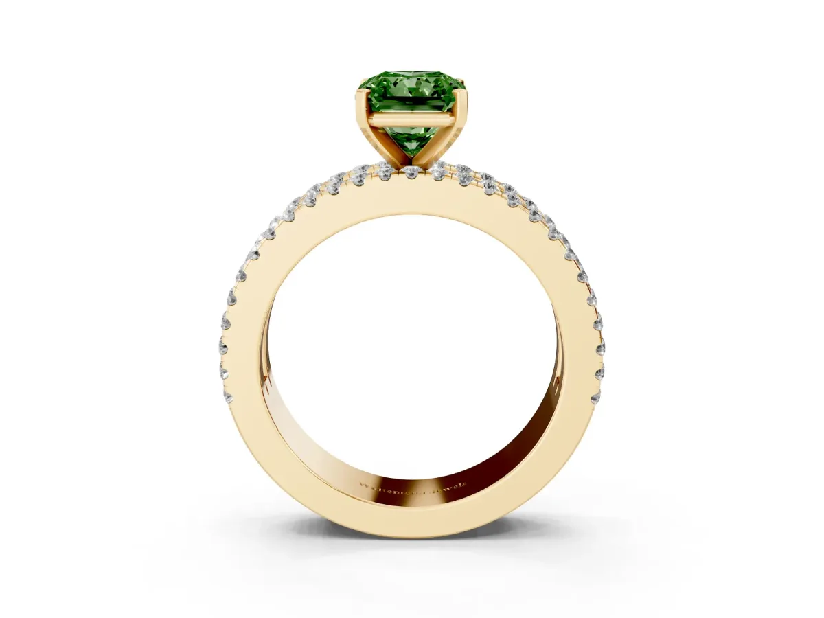 Fancy Green Radiant Cut Diamond Solitaire Ring with Pavé and Channel Set Band Yellow gold