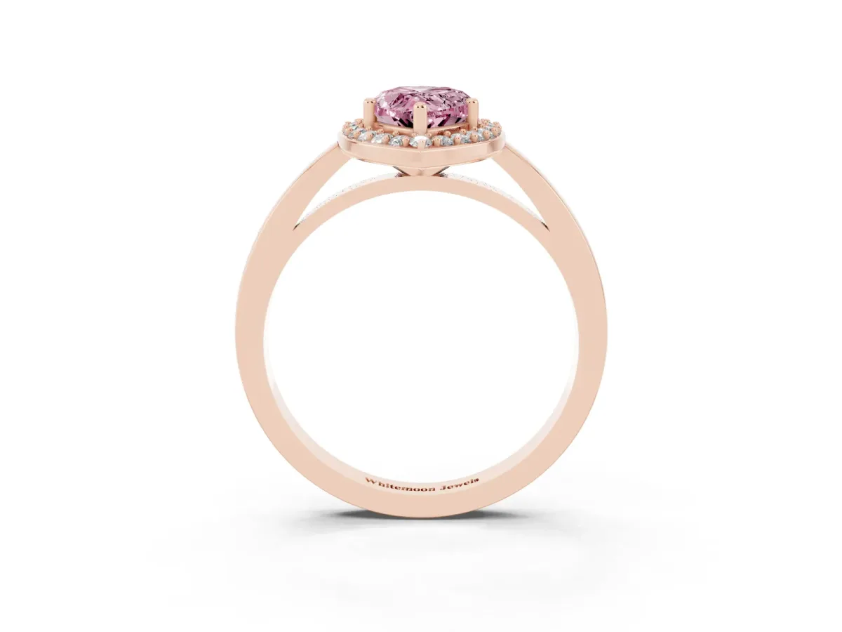Fancy Pink Pear Cut Halo Diamond Ring with Solitaire Band and Prong Setting Rose gold