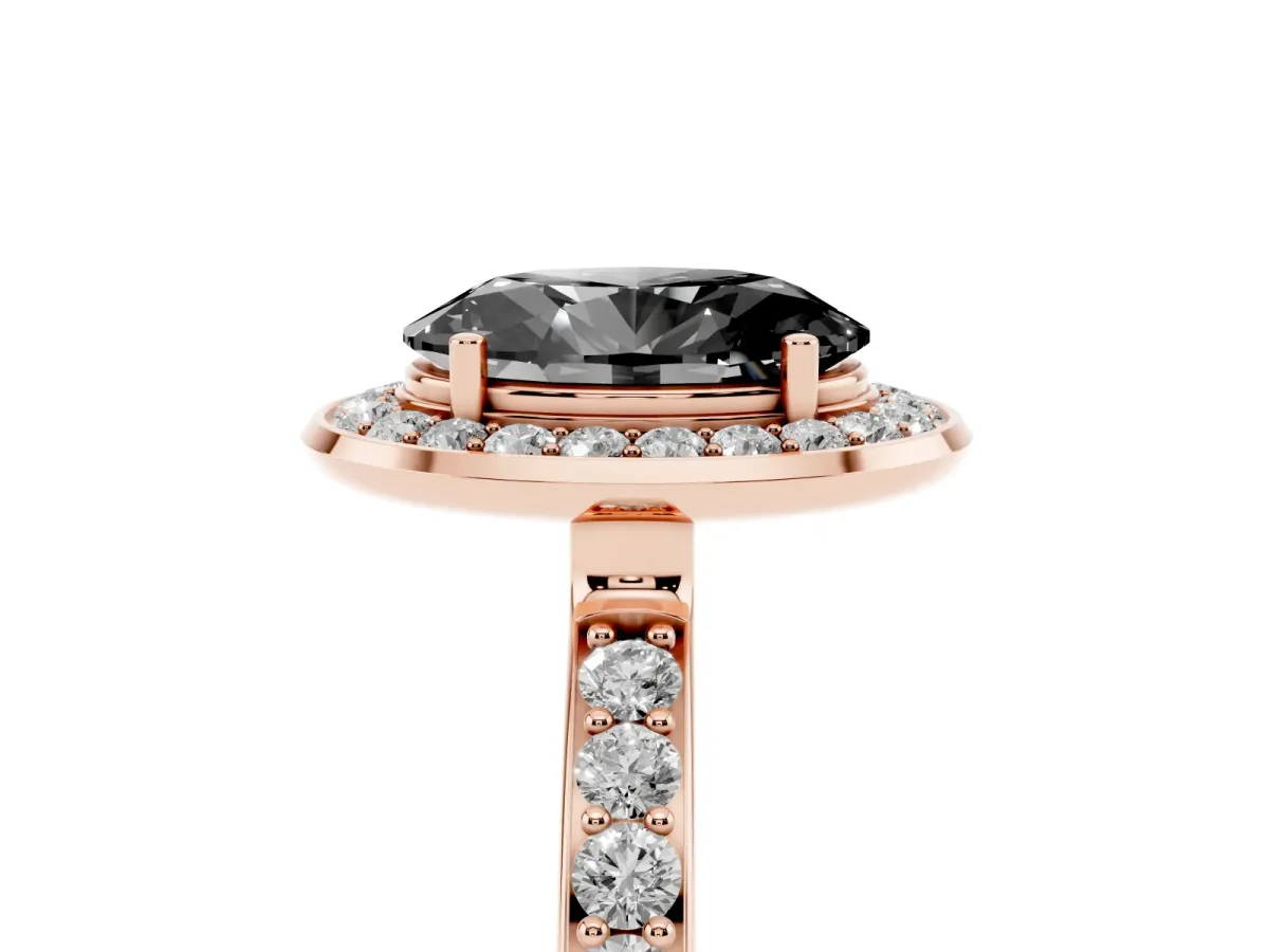 Fancy Black Oval Cut Diamond Halo Ring with Bezel Frame and Pavé Band Rose gold