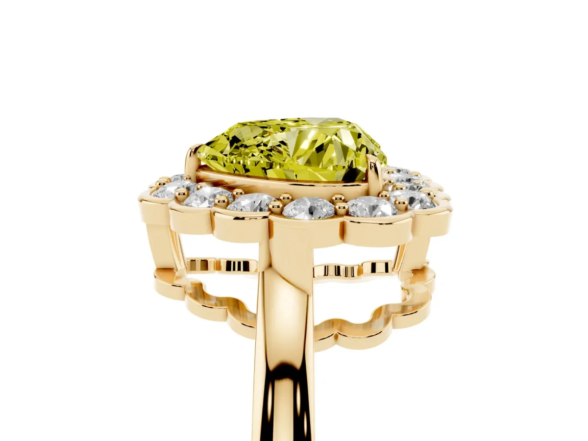 Fancy Yellow Heart Cut Halo Cluster Diamond Engagement Ring with Solitaire Band and Prong Setting Yellow gold