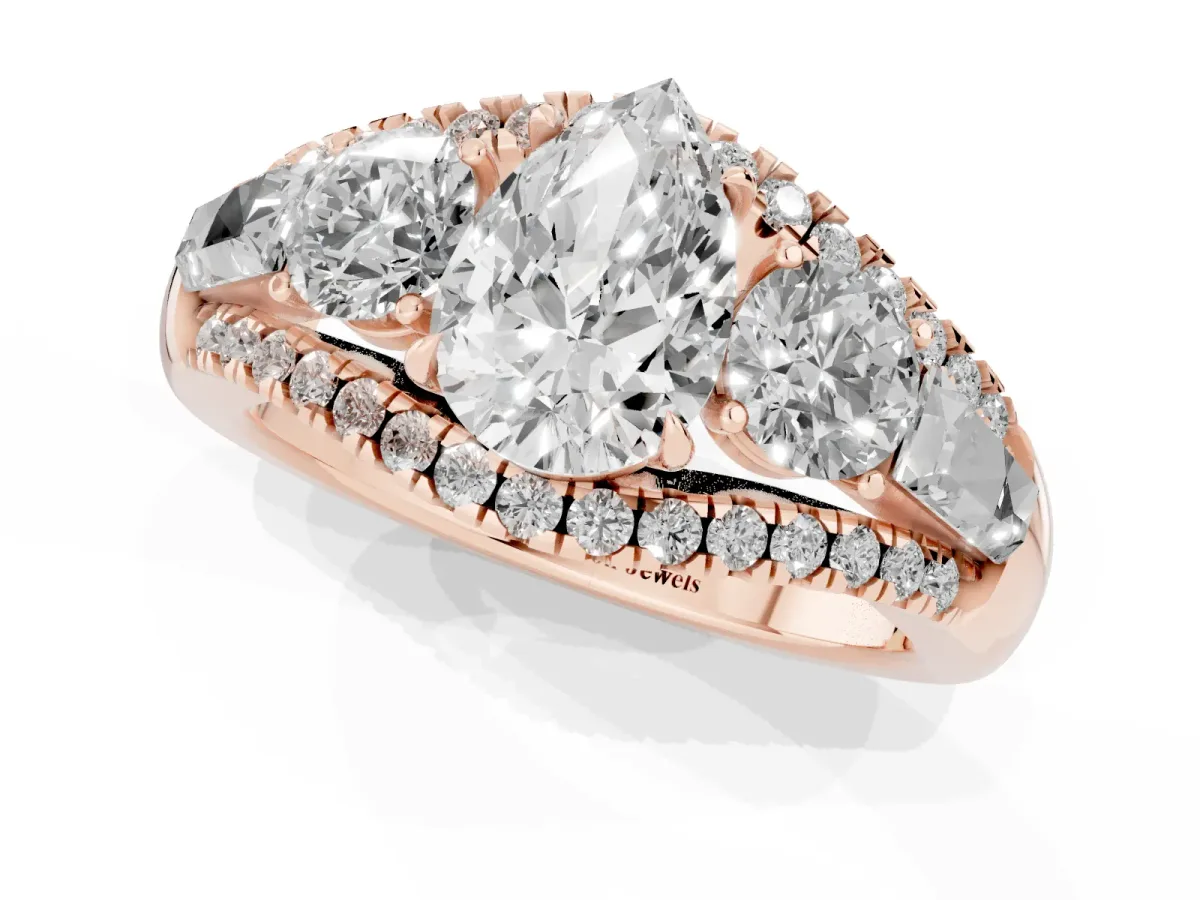 Three-Stone Pear Cut Diamond Engagement Ring with Pave Band and Prong Setting Rose gold