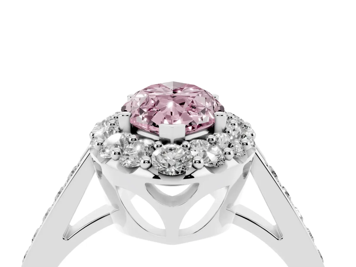 Fancy Pink Marquise Cut Diamond Floral Halo Ring with Pavé Band and Prong Setting White gold