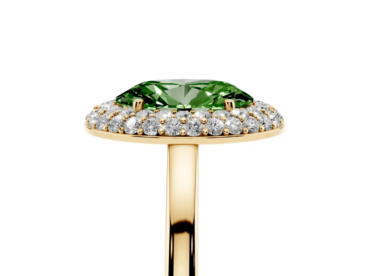 Fancy Green Oval Cut Halo Diamond Engagement Ring with Solitaire Band and Four-Prong Setting Yellow gold