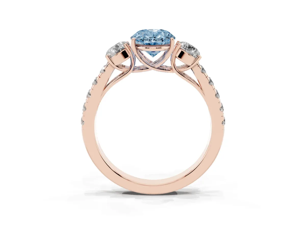 Fancy Blue Oval Cut Cut Diamond Three-Stone Ring with Round Side Stones and Pavé Band Rose gold