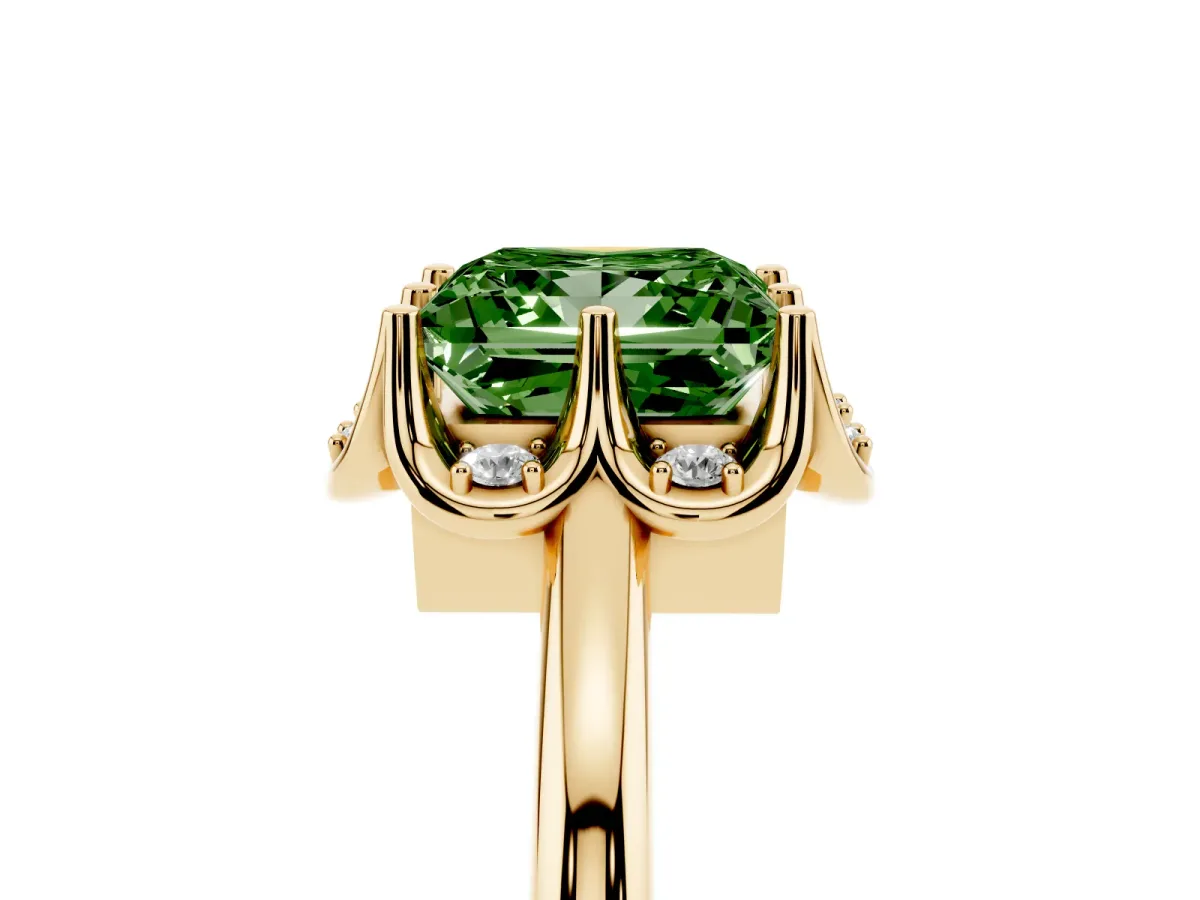 Fancy Green Princess Cut Halo Diamond Ring with Round Cluster Setting, Solitaire Band, and Four-Prong Setting Yellow gold