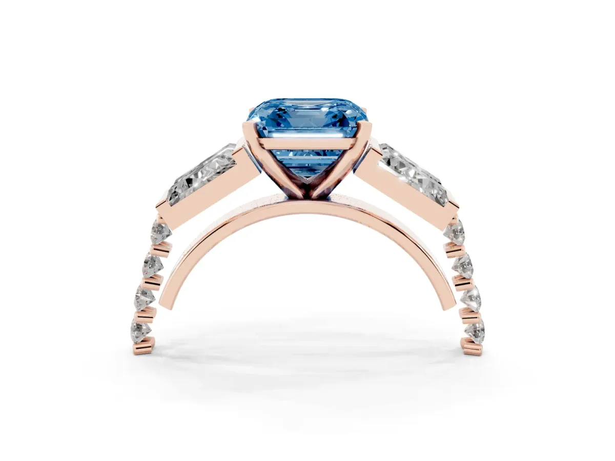 Fancy Blue Asscher Cut Diamond Engagement Ring with Baguette Side Stones and Channel Set Band Rose gold