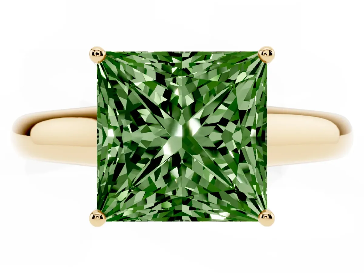 Fancy Green Princess Cut Solitaire Engagement Ring with Tapered Band and Four-Prong Setting Yellow gold