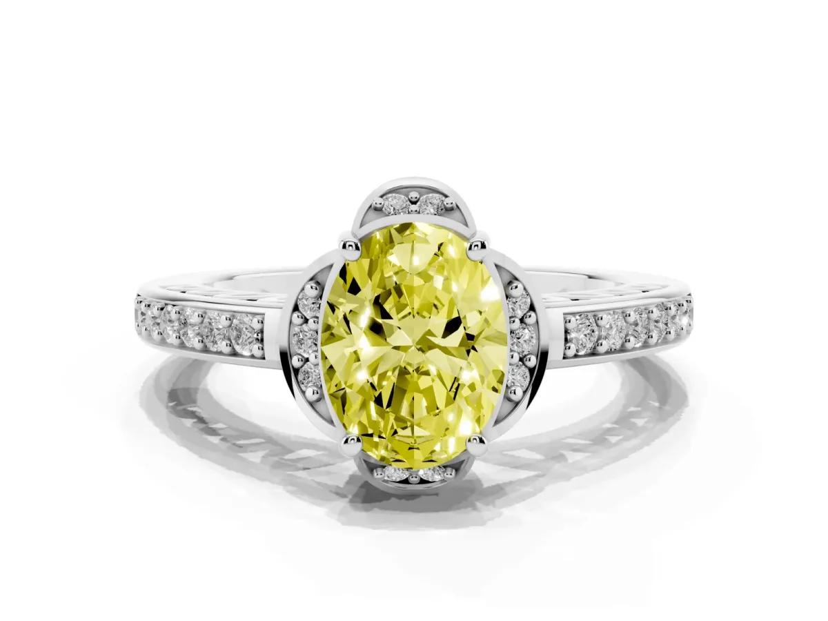 Fancy Yellow Oval Cut Cut Halo Diamond Ring with Channel Set Band and Four-Prong Setting Platinum
