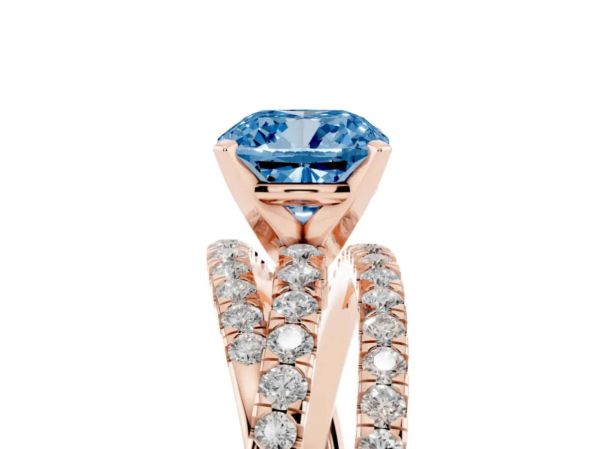 Fancy Blue Cushion Cut Solitaire Twist Band with Pavé Setting and Four-Prong Setting Rose gold