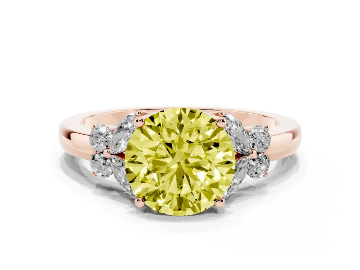Fancy Yellow Round Cut Cut Solitaire Floral Diamond Ring with Four-Prong Setting Rose gold