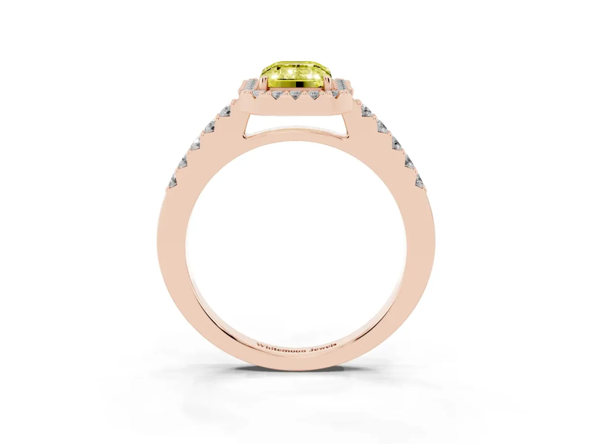 Fancy Yellow Emerald Cut Halo Diamond Pavé Solitaire Ring Rose gold