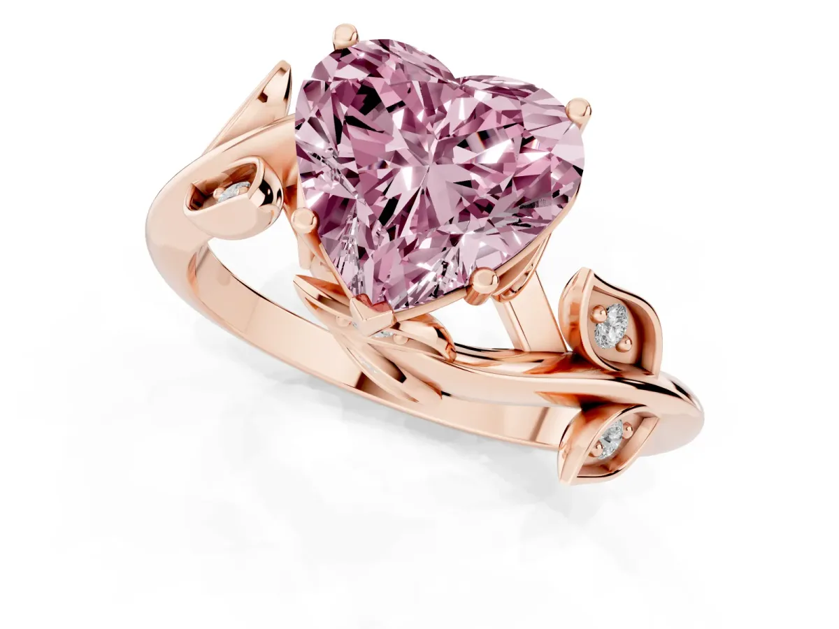 Fancy Pink Heart Cut Solitaire Twist Engagement Ring with Leaf Accents and Prong Setting Rose gold
