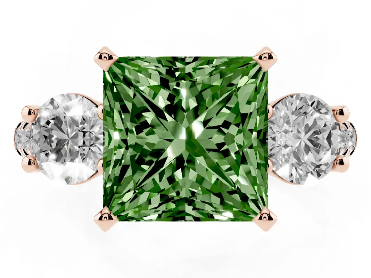 Fancy Green Three-Stone Princess Cut Diamond Pavé Band with Four-Prong Setting Rose gold