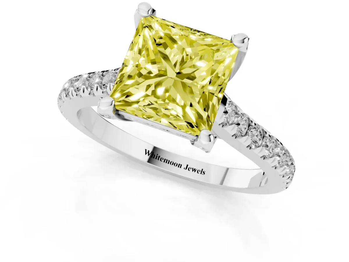 Fancy Yellow Princess Cut Brilliant Diamond Solitaire with Pavé Band and Four-Prong Setting Platinum