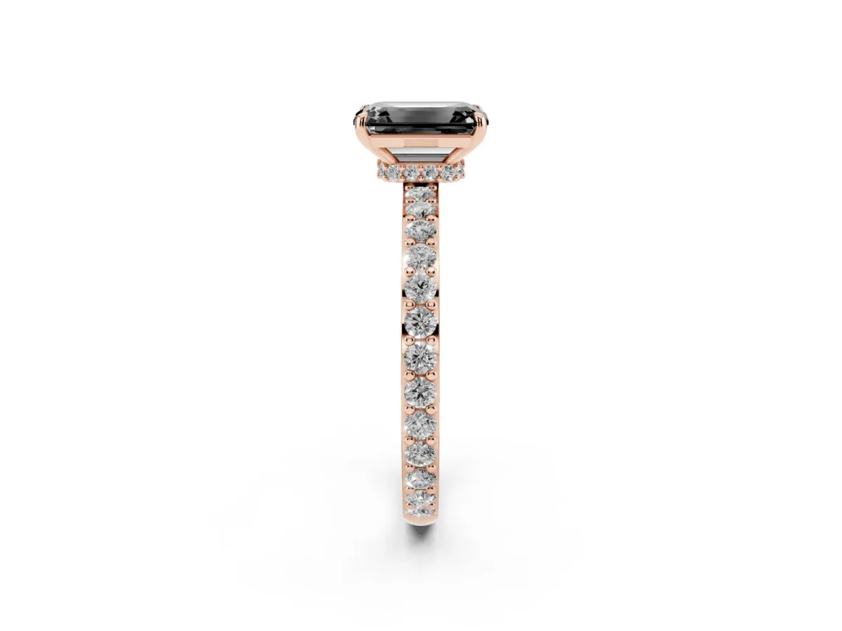 Fancy Black Emerald Cut Diamond Pavé Engagement Ring with Round Accents and Prong Setting Rose gold
