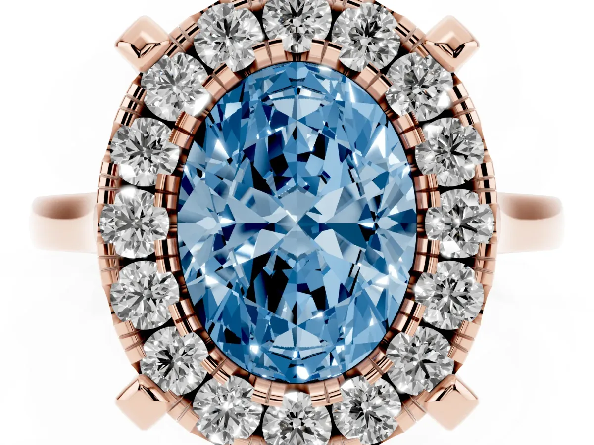 Fancy Blue Oval Cut Diamond Cluster Halo Solitaire with Four-Prong Setting Rose gold