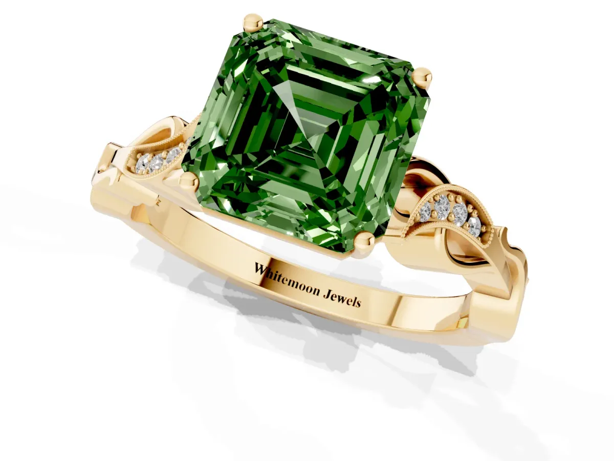 Fancy Green Asscher Cut Solitaire Vine Band with Milgrain Prong Setting Yellow gold