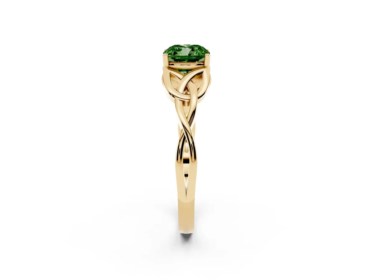 Fancy Green Cushion Cut Diamond Solitaire Engagement Ring with Celtic Knot Band and Four-Prong Setting Yellow gold