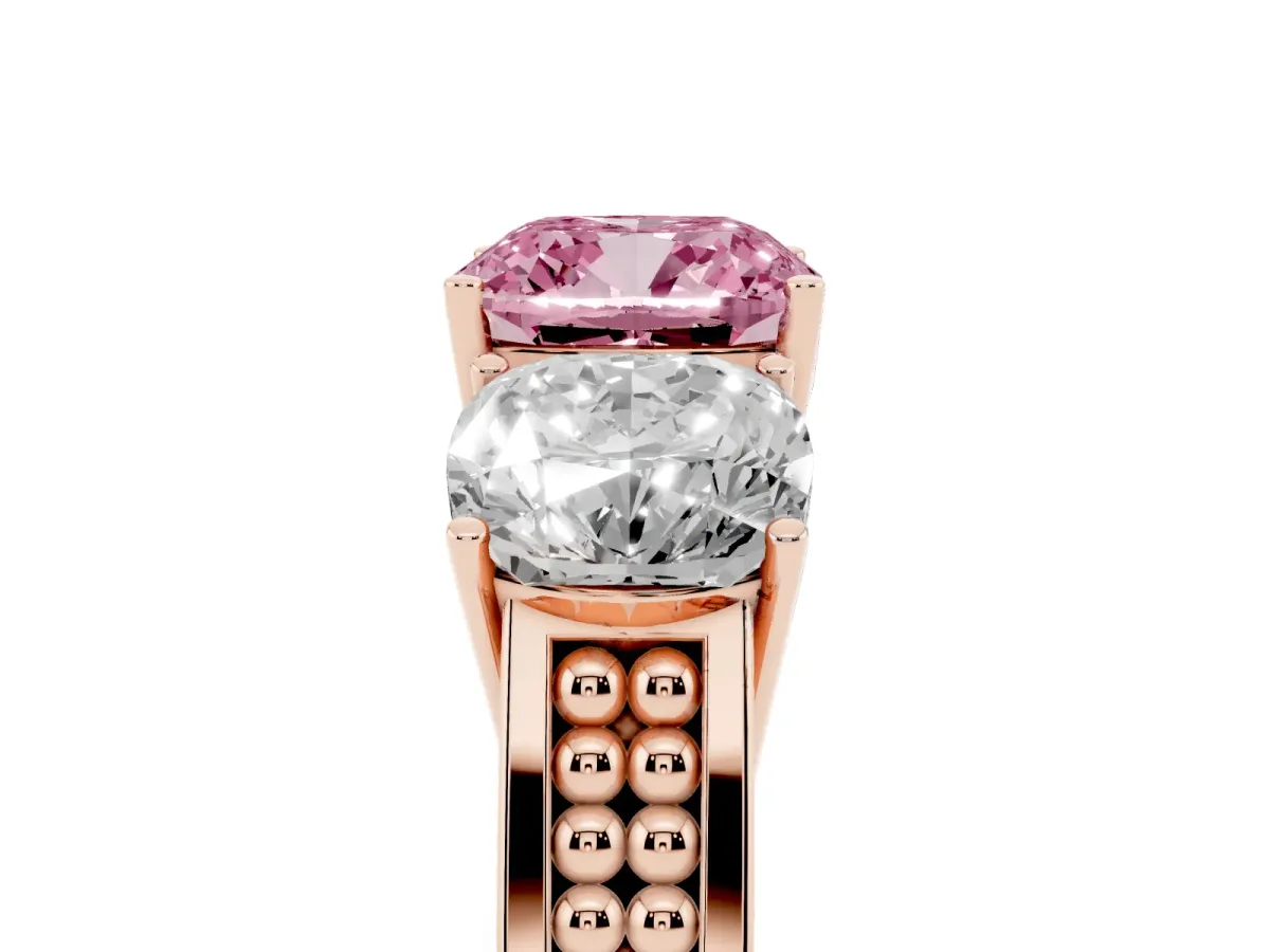 Fancy Pink Cushion Cut Diamond Three-Stone Ring with Prong Setting and Textured Band Rose gold