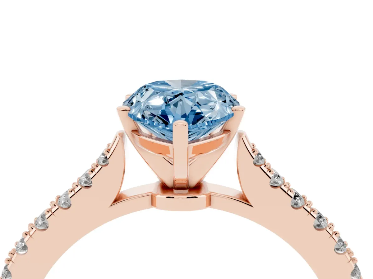 Fancy Blue Pear Cut Cut Solitaire Diamond Engagement Ring with Pave Band and Four-Prong Setting Rose gold