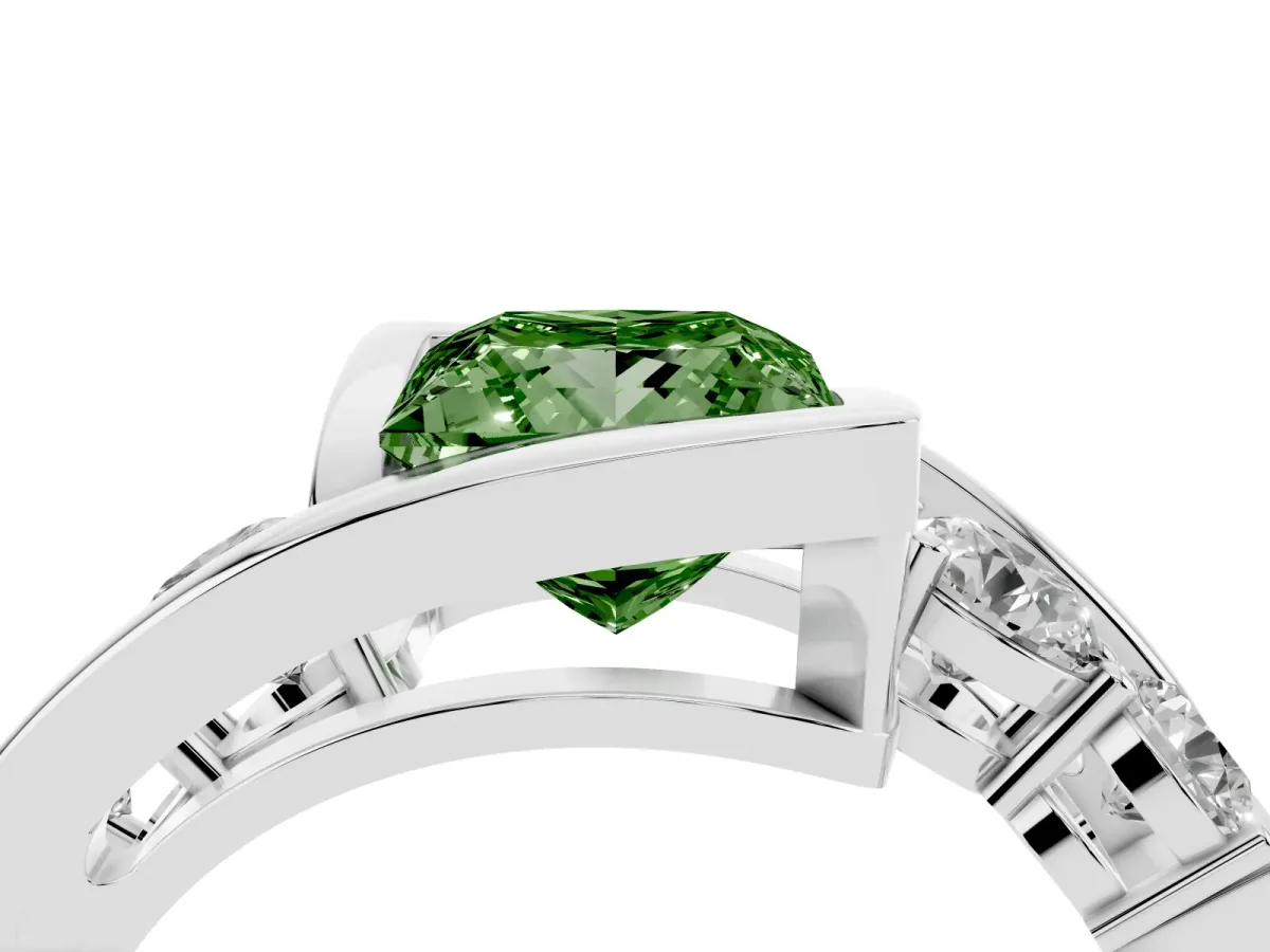 Fancy Green Bezel Set Princess Cut Diamond Bypass Ring with Round Accents Silver
