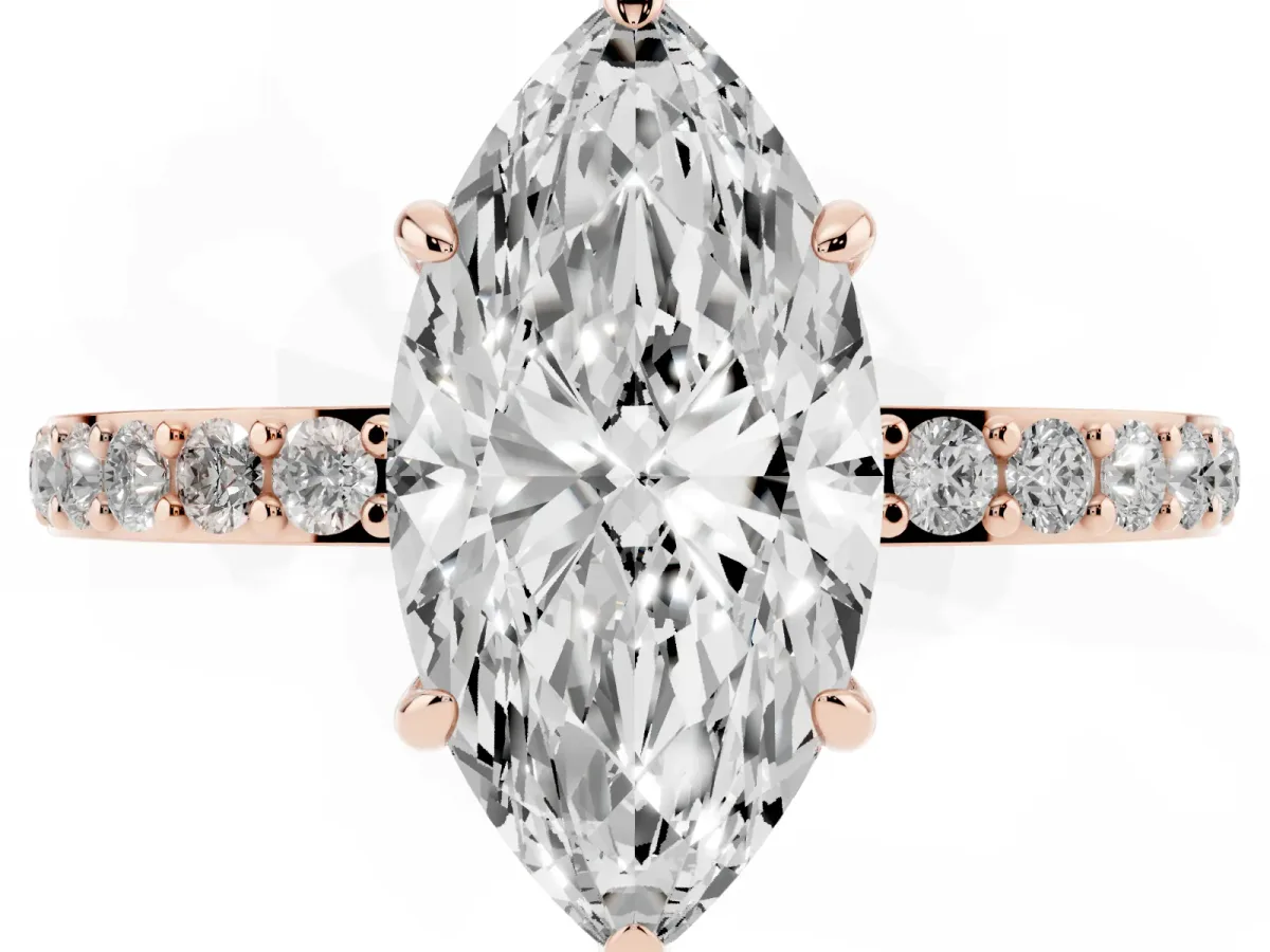 Marquise Cut Diamond Pavé Engagement Ring with Round Accents and Prong Setting Rose gold