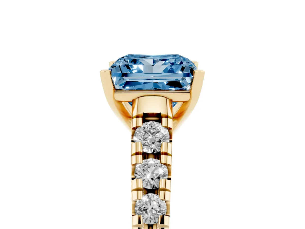 Fancy Blue Princess Cut Diamond Cathedral Solitaire Ring with Round Pavé Band Yellow gold