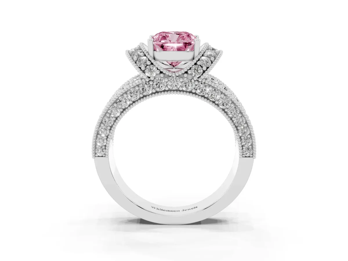 Fancy Pink Cushion Cut Halo Pave Diamond Engagement Ring with Milgrain Detailing Silver