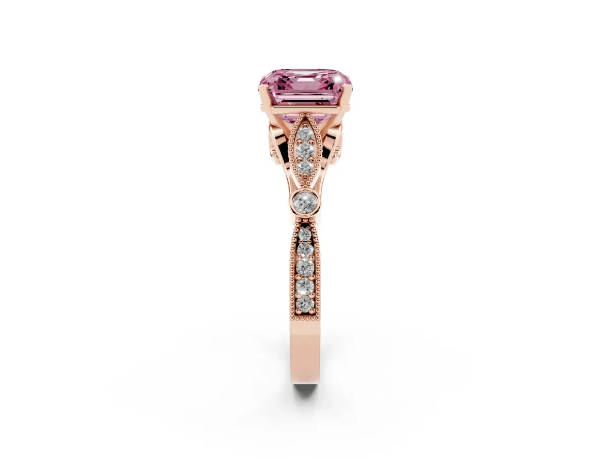 Fancy Pink Asscher Cut Cut Diamond with Milgrain Marquise and Bezel Accents on a Solitaire Band with Prong Setting Rose gold