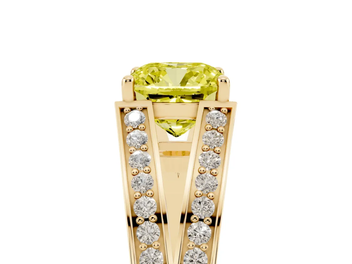 Fancy Yellow Cushion Cut Diamond Split Shank Ring with Pavé Band and Four-Prong Setting Yellow gold