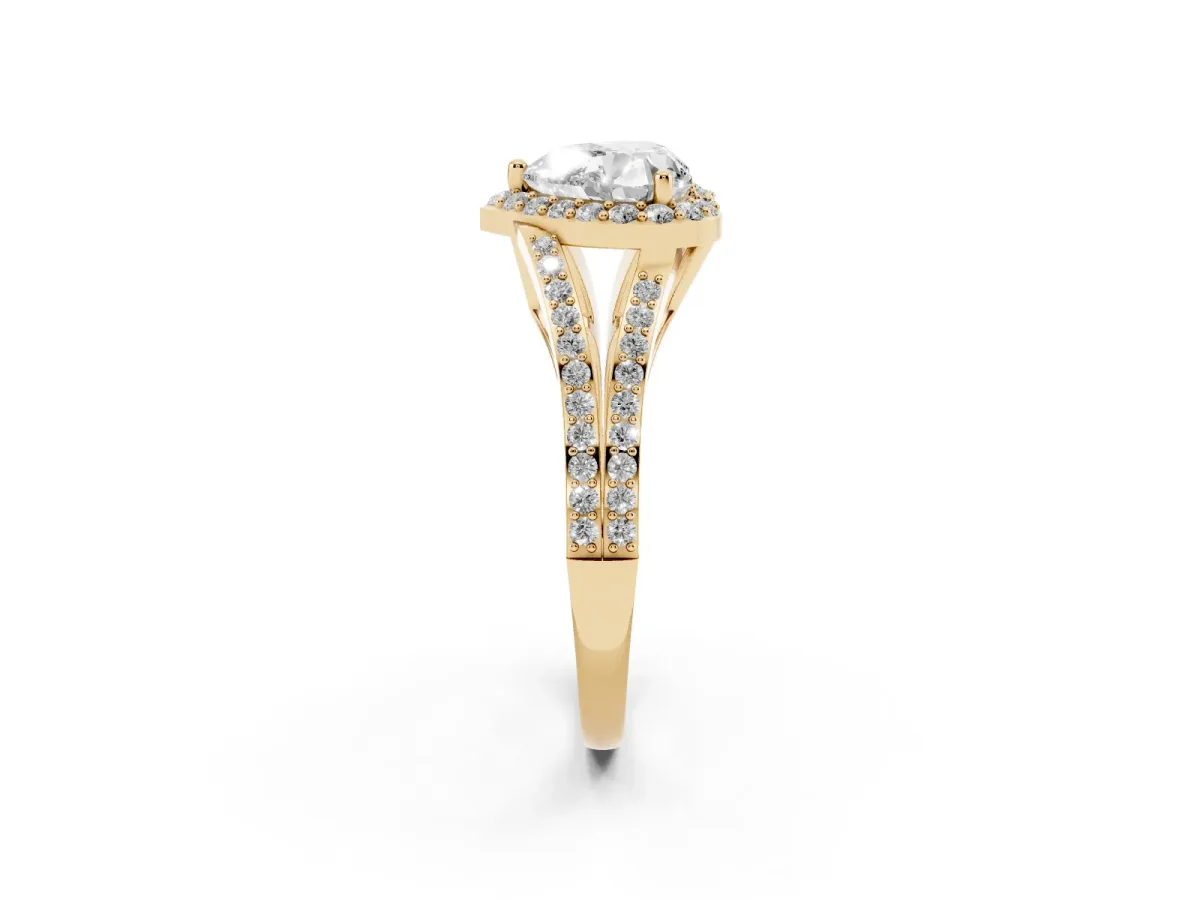 Heart Cut Halo Split Shank Diamond Ring with Prong Setting Yellow gold